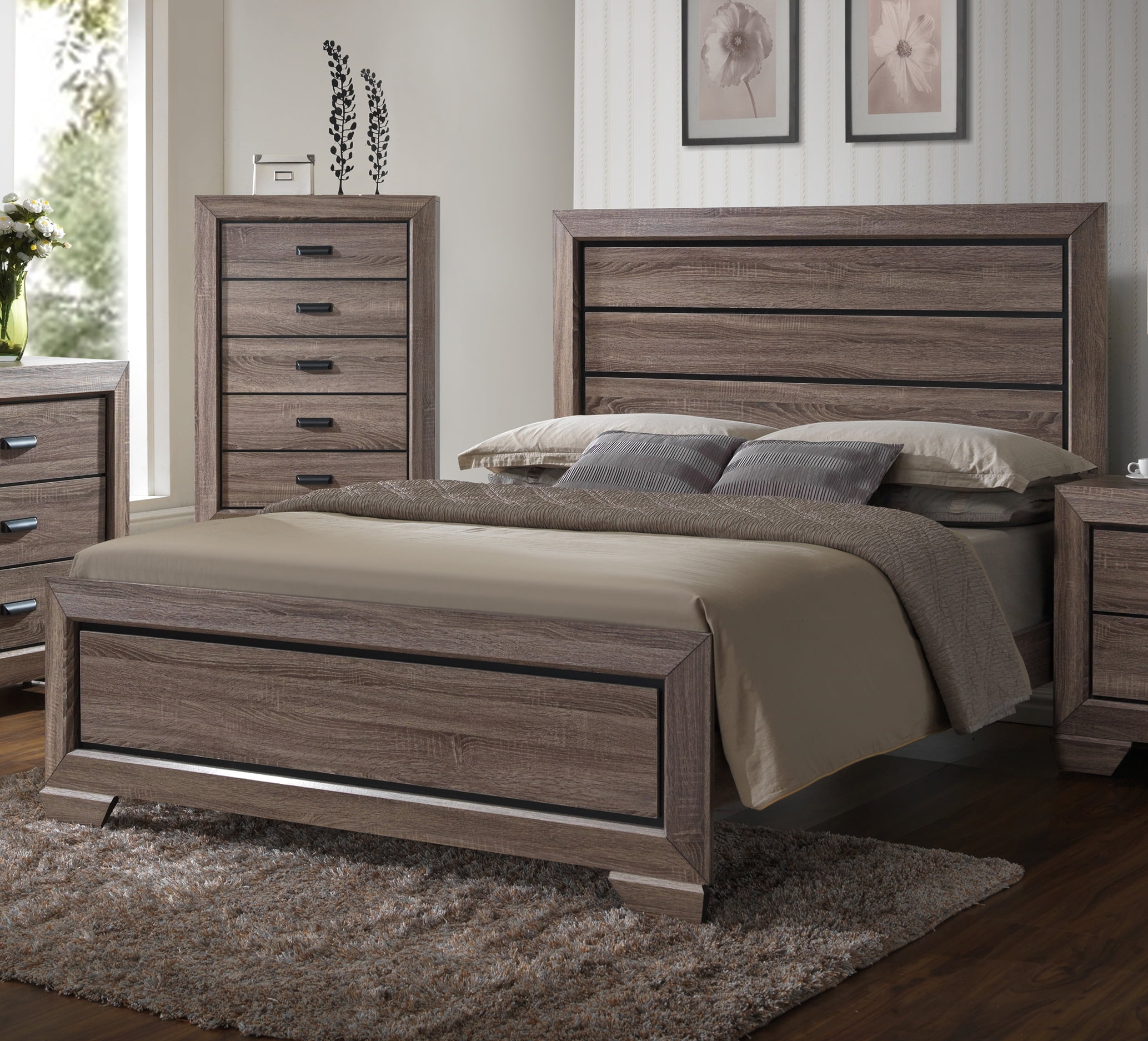 King Size Light Brown Wood Modern Bed (Headboard, Footboard, Rails