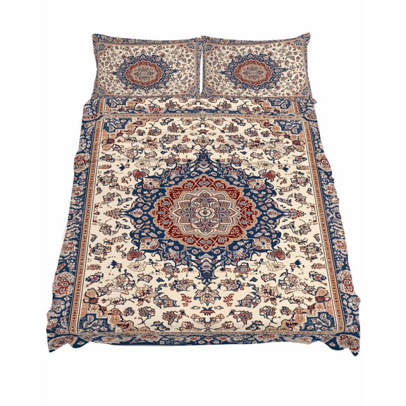 King Size Light Yellow Blue Floral Sheet Sets Ethnic Oriental Retro Vintage Soft Breathable Microfiber Bed Sheets Deep Pockets 4 Piece Bed Sheets Set, 1 Fitted Sheet, 1 Flat Sheet & 2 Pillowcases