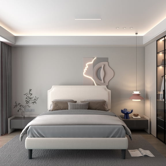 King Size Linen Platform Bed Frame - Height Adjustable Headboard (Fits 10-12" Mattress),