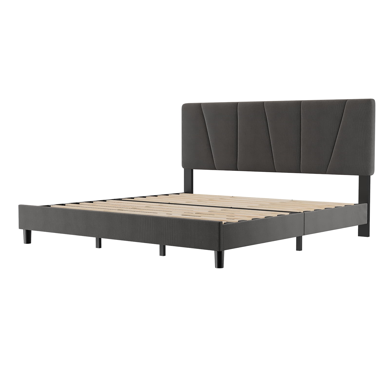 King Size Linen Platform Bed Frame with Adjustable Headboard – Wood Slat Support, No Box Spring Required