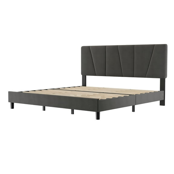 King Size Linen Platform Bed Frame with Adjustable Headboard – Wood Slat Support, No Box Spring Required