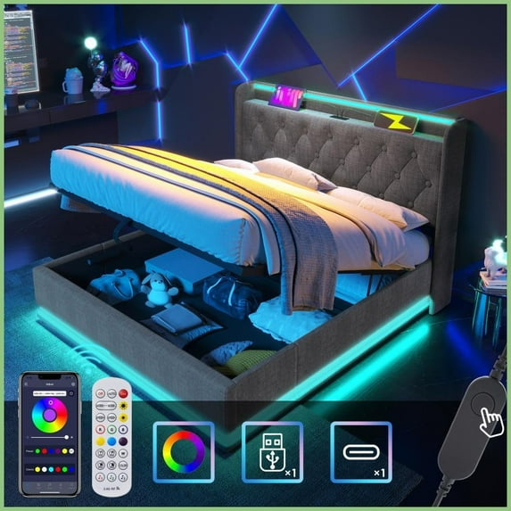 King Size Linen Upholstered Hydraulic Storage Bed Frame with 360 LED & USB-C, Gray, No Box Spring Needed for Master Bedroom