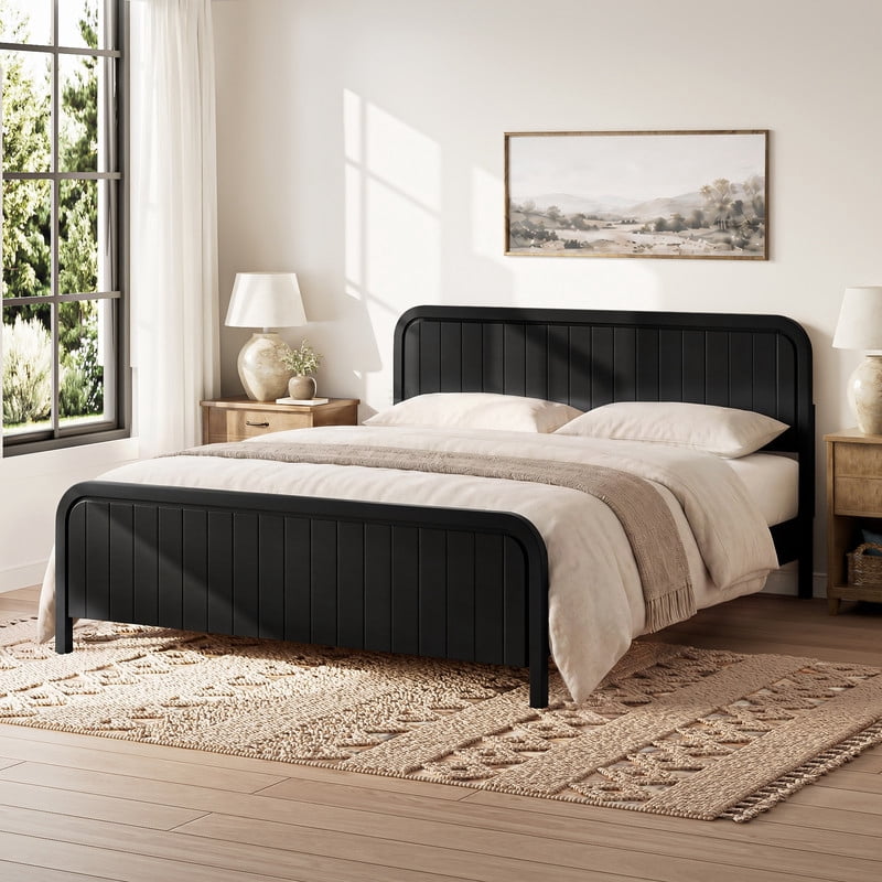 King Size Low Profile Bed Frame with Striped Headboard & Footboard, Wood Platform Bed with Slats Support & 7'' Under-Bed Space