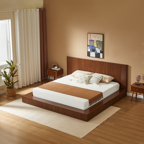 King Size Low Profile Solid Wood Platform Bed Frame, Vertical Fluted Panel Headboard & Footboard, Japandi Floor Bed with Wood Slat Support, No Box Spring Needed for Master Guest Room, Walnut