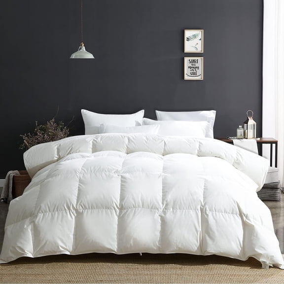 King Size Luxury 100% Organic Cotton All Season Down Feather Fibers Comforter, Extra Fluffy Medium Warmth Duvet Insert(106x90, Ivory White)