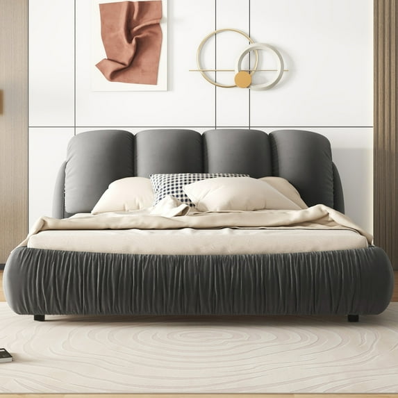 King Size Luxury Upholstered Bed with Pleating Design, Velvet Platform Bed Frame with Thick Headboard and Oversized Padded Backrest, No Box Spring Needed, Gray