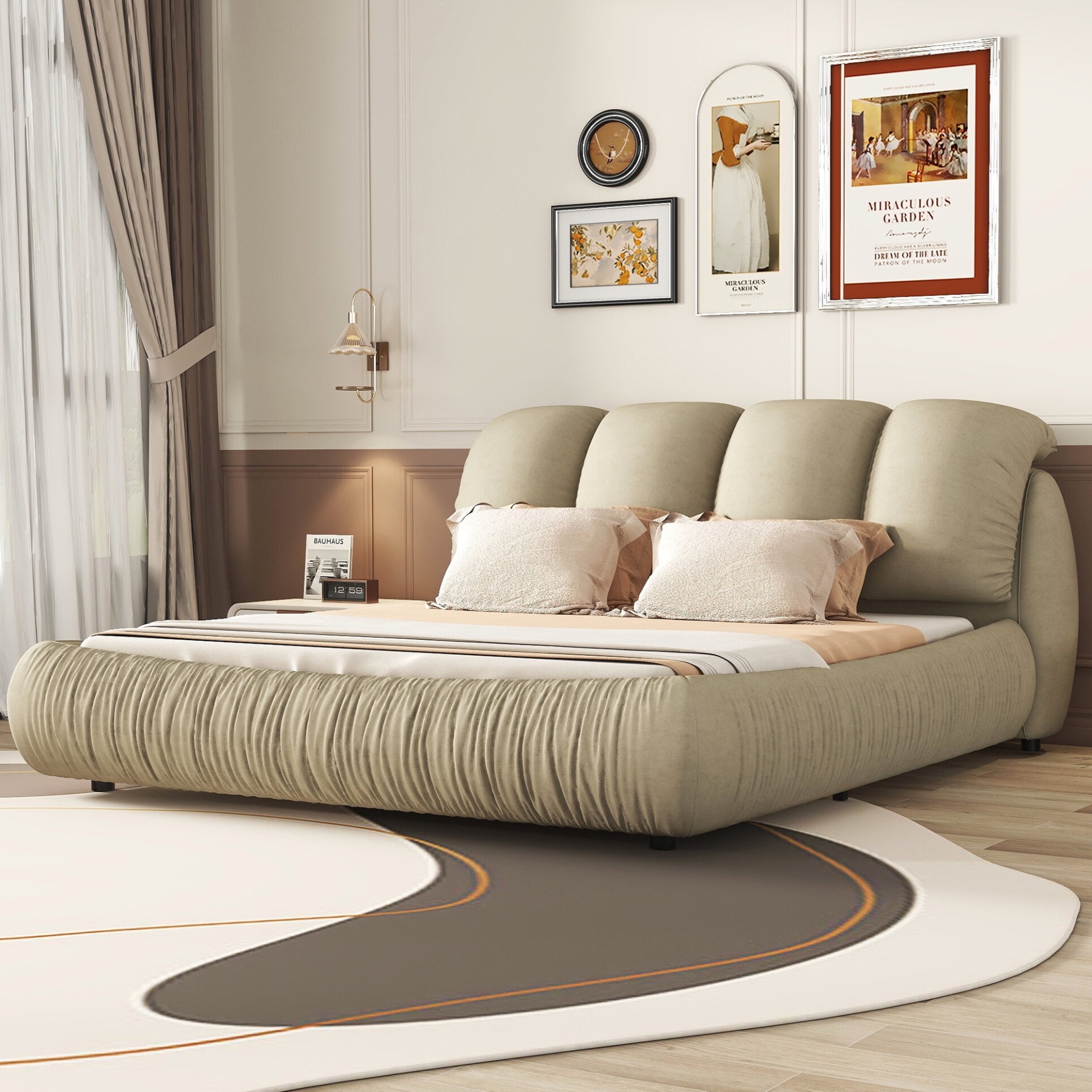THOWDEE King Upholstered Headboard Modern Velvet Platform Beds Stone Gray