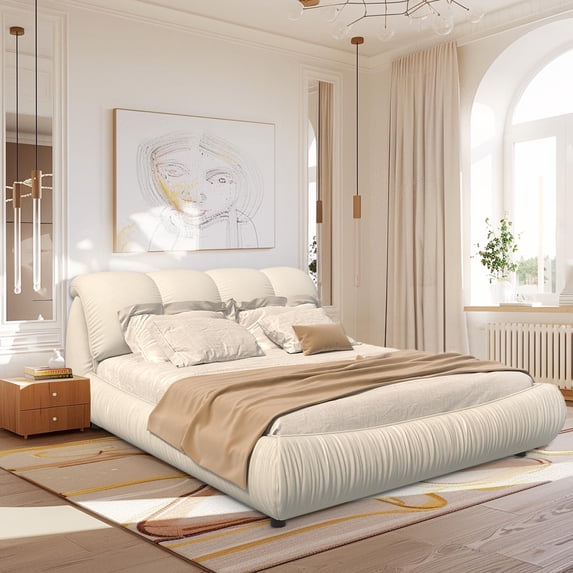 King Size Luxury Upholstered Platform Bed with Oversized Padded Backrest and Solid Wood Frame