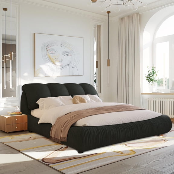 King Size Luxury Upholstered Platform Bed with Oversized Padded Backrest and Solid Wood Frame