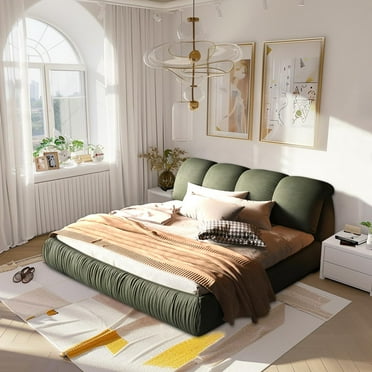 King Size Luxury Upholstered Platform Bed with Oversized Padded Backrest and Solid Wood Frame