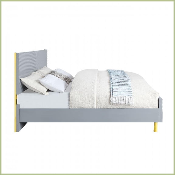 King Size MDF & Metal Platform Bed Frame - High Gloss Gray, No Box Spring Needed, Wave Design