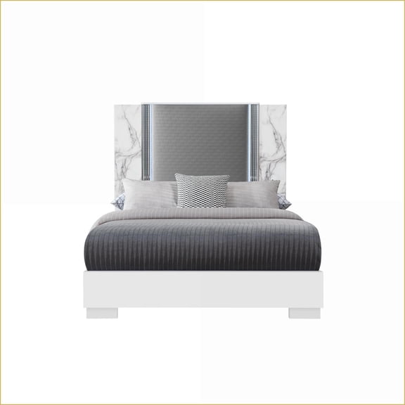 King Size Marble Platform Bed with LED Accent Lighting Moon White Master Bedroom