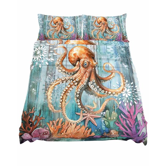 King Size Marine Submarine Octopus Sheet Sets Undersea Coral Starfish Retro Soft Breathable Microfiber Bed Sheets Deep Pockets 4 Piece Bed Sheets Set, 1 Fitted Sheet, 1 Flat Sheet & 2 Pillowcases