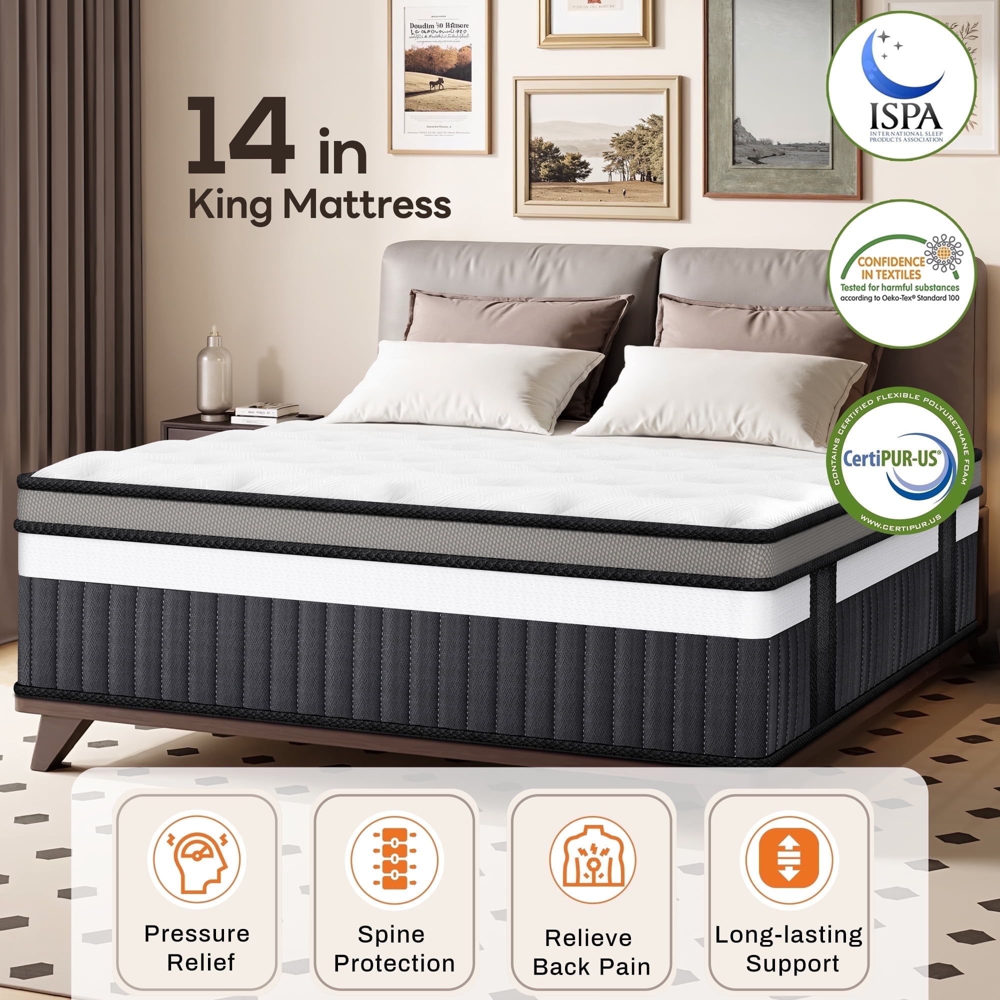 King Size Mattress, 14in Gel Memory Foam Mattress for Cooling Sleep and Pressure Relief, King Size Hybrid Mattress in a Box, CertiPUR-US, Motion Isolation