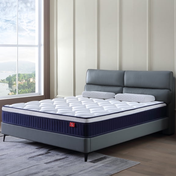 King Size Mattress,Hybrid Innerspring and Memory Foam Mattress in a Box,Medium Firm Support with Cooling Fabric,CertiPUR-US Certified,80"x76"x10",White+Blue