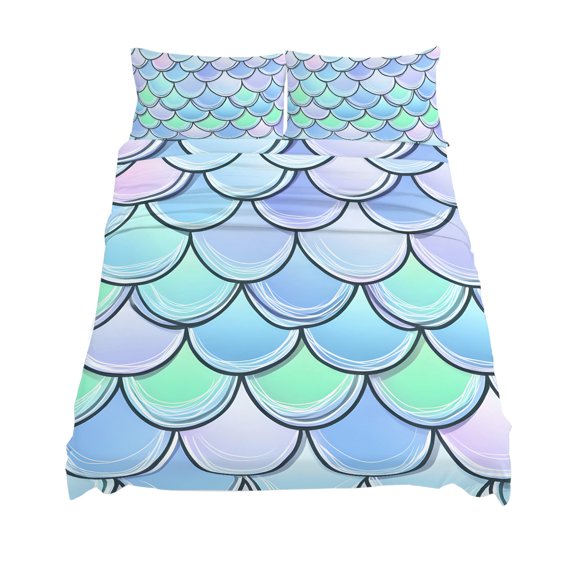 King Size Mermaid Tail Backdrop Sheet Sets Fish Scale Soft Breathable Microfiber Bed Sheets Deep Pockets 4 Piece Bed Sheets Set, 1 Fitted Sheet, 1 Flat Sheet & 2 Pillowcases