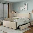 thumbnail image 1 of King Size Metal Bed Frame with Curved Upholstered Headboard and Footboard, King Modern Platform Bed with 4 Storage Drawers, Heavy Duty Metal Slats, No Box Spring Needed, Beige, 1 of 9