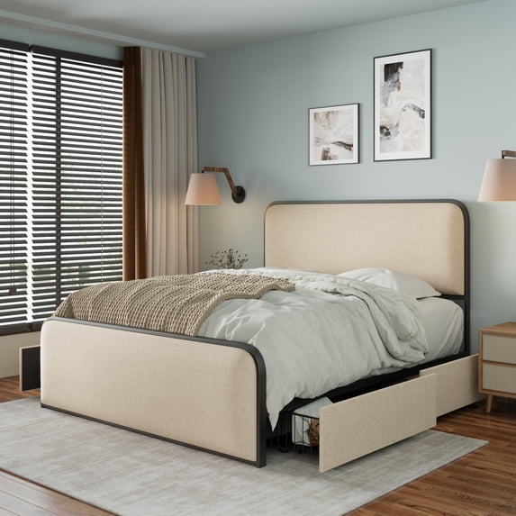 King Size Metal Bed Frame with Curved Upholstered Headboard and Footboard, King Modern Platform Bed with 4 Storage Drawers, Heavy Duty Metal Slats, No Box Spring Needed, Beige