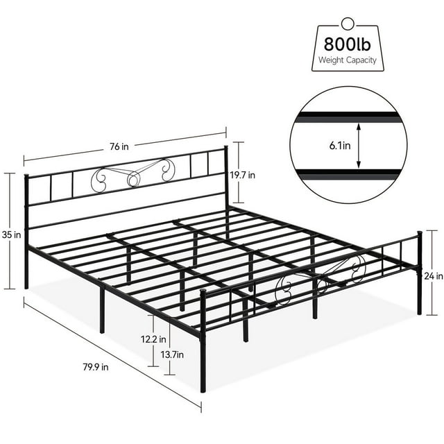 King Size Metal Bed Frame Platform Mattress Foundation W/ Headboard