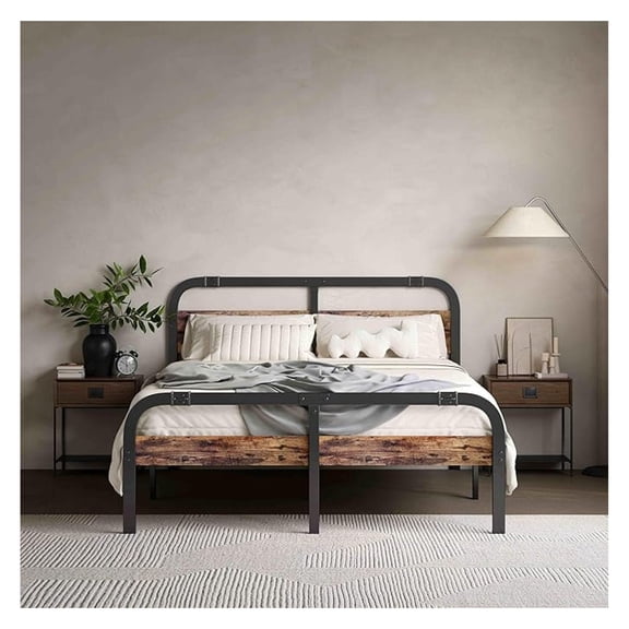 King Size Metal Bed Frame with Rustic Wooden Headboard and Footboard, Industrial Bed Platform, 14 Inch High Heavy Duty Steel Slats Support, No Box Spring Needed, Easy Assembly