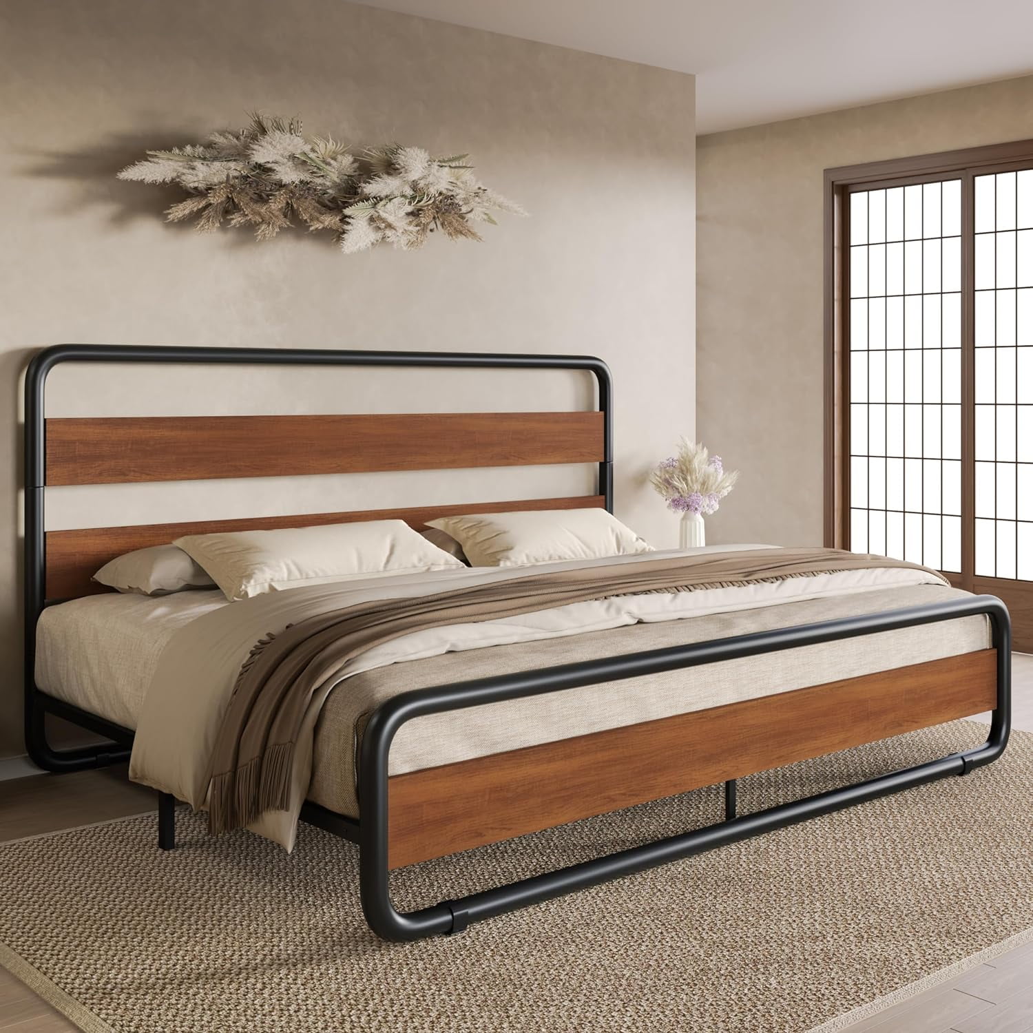 King Size Black Metal Bed Frame with Walnut Wood Headboard and Footboard
