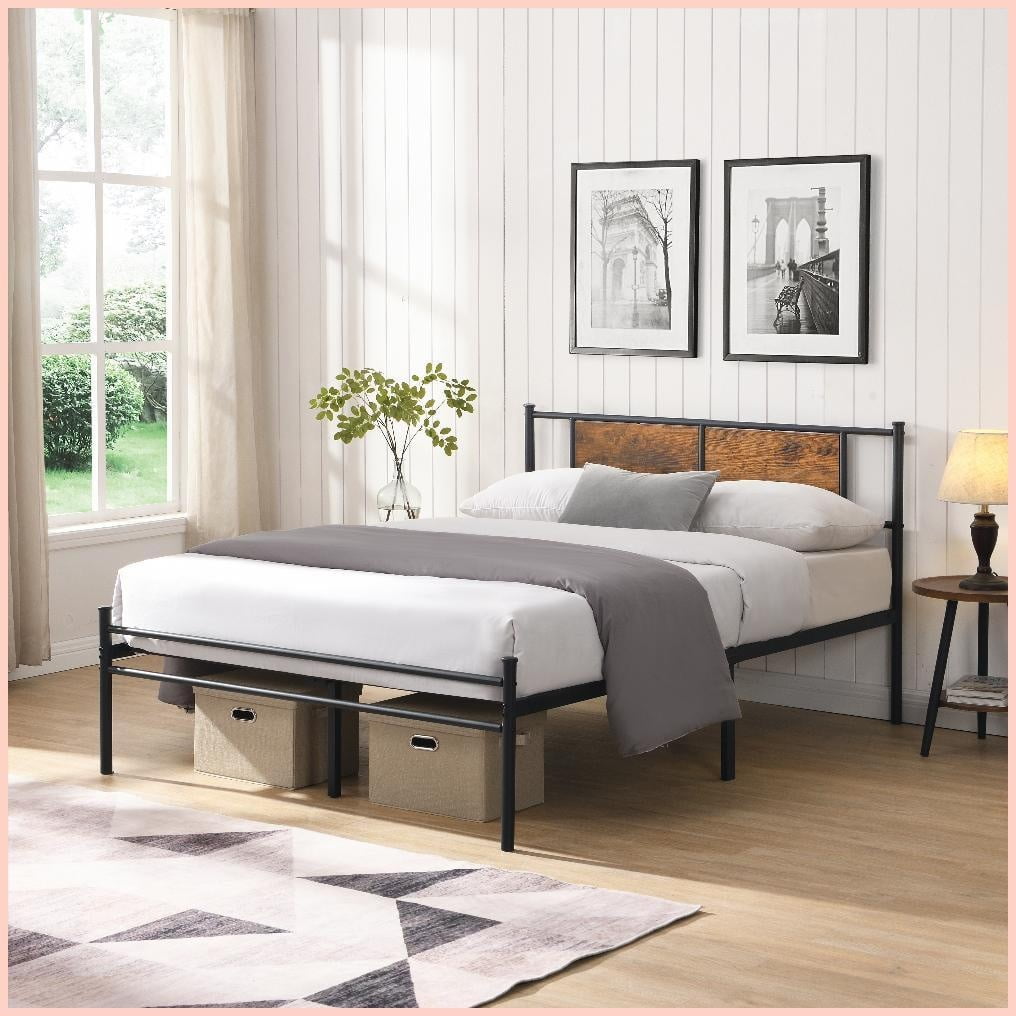 King Size Metal Bed Frame with Wood Panel Headboard - No Box Spring Needed, 10.8'' Under Bed Storage, Sturdy Silent Design, Black for Bedroom