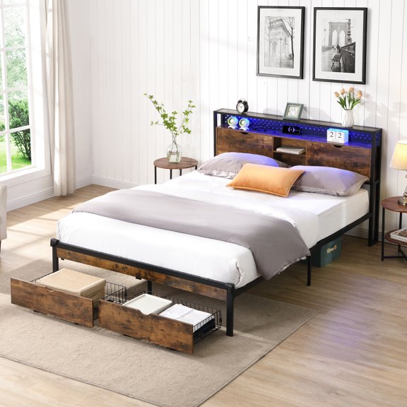 King Size Metal Bed with LED Lighting Storage Compartments and Easy Assembly for Bedroom Use