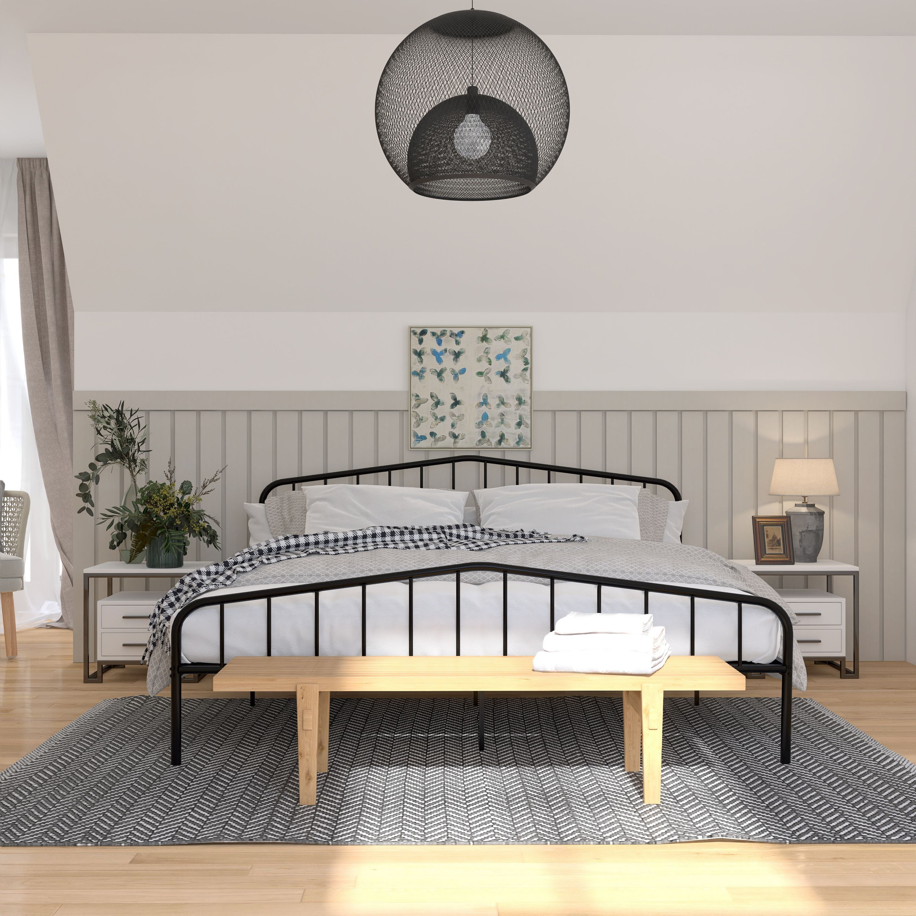 King Size Metal Platform Bed with Arched Headboard & Footboard, Under