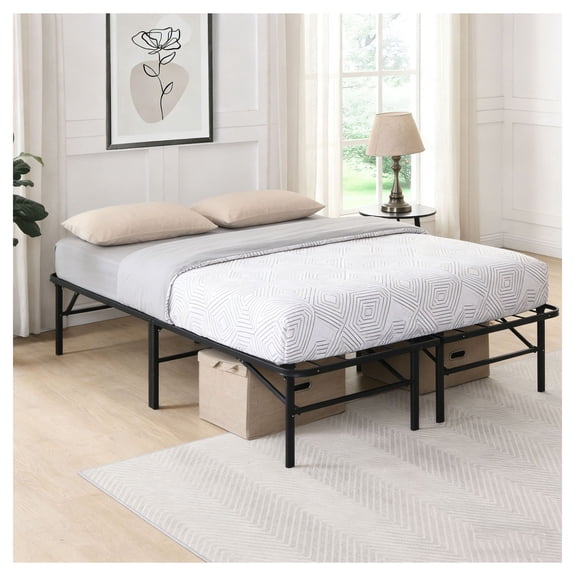 King Size Metal Platform Bed Frame 14 Inch - Folding Steel Slat Box Spring Replacement - Heavy Duty, Under Bed Storage, Easy Assembly - Black
