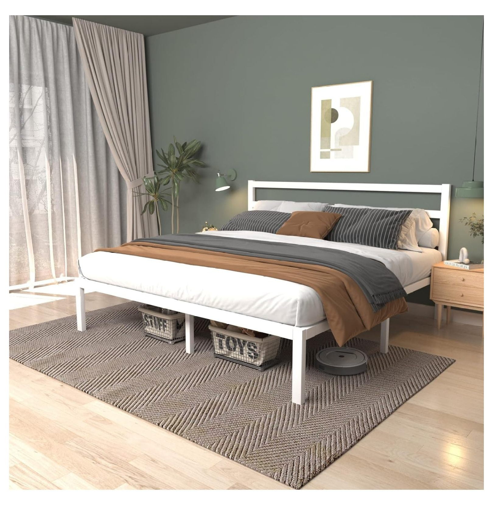 King Size Metal Platform Bed Frame with Metal Slats, Classic Headboard