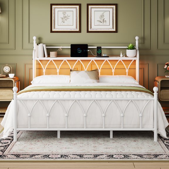 King Size Metal Platform Bed Frame with Storage Headboard, Charging Station and LED Light, Heavy-Duty Support, No Box Spring Needed, Noise Free, White