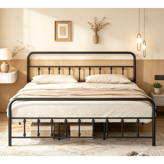 King Size Metal Platform Bed Frame, Victorian Style King Platform Bed with Headboard & Footboard, Heavy Duty Mattress Foundation, 1100 lbs Capacity, No Box Spring Needed, Noise-Free, Black