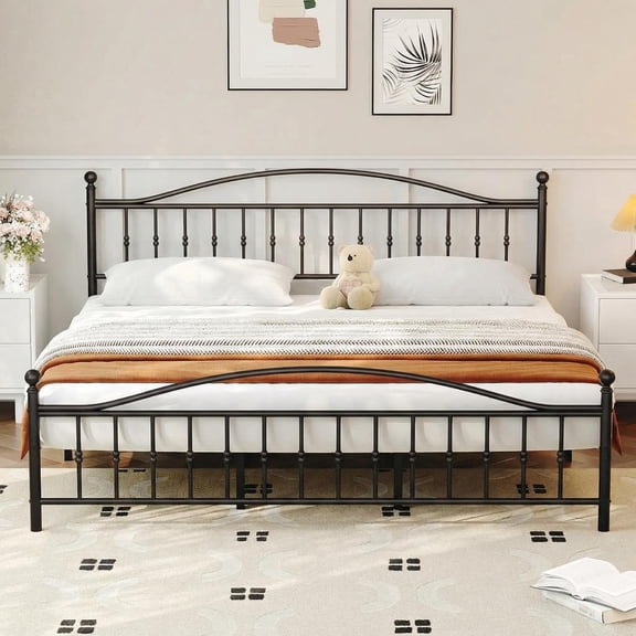 King Size Metal Platform Bed Frame with Victorian Style Wrought Iron-Art Headboard and Footboard,Mattress Foundation,Under Bed Storage,Noise Free,Easy Assembly,No Box Spring Required,Black