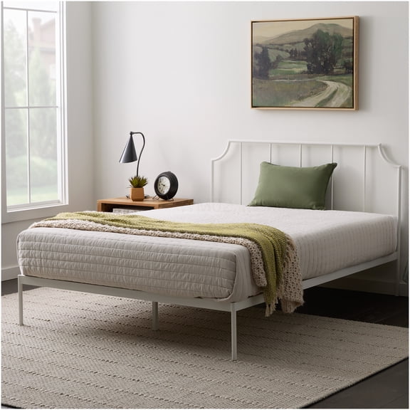 King Size Metal Platform Bed Frame with Upholstered Headboard, Heavy Duty Mattress Foundation with Storage Space, Modern White Bedroom Furniture
