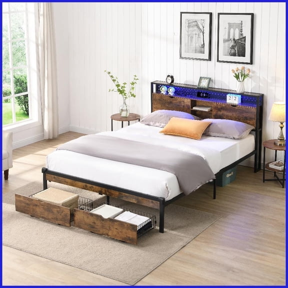 King Size Metal Platform Bed Frame with Wooden Headboard - USB Charging, 2 Drawers, LED Lights, No Box Spring Needed
