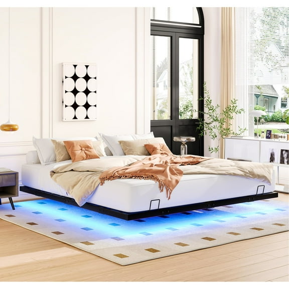 King Size Metal Platform Bed With Led - 74.76 In Width, Stable Structure Frame Lights Metal, 6"-8" Mattress Recommendation