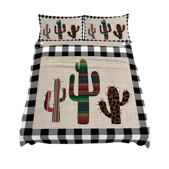 King Size Mexico Cactus Sheet Sets Black and White Plaid Soft Breathable Microfiber Bed Sheets Deep Pockets 4 Piece Bed Sheets Set, 1 Fitted Sheet, 1 Flat Sheet & 2 Pillowcases