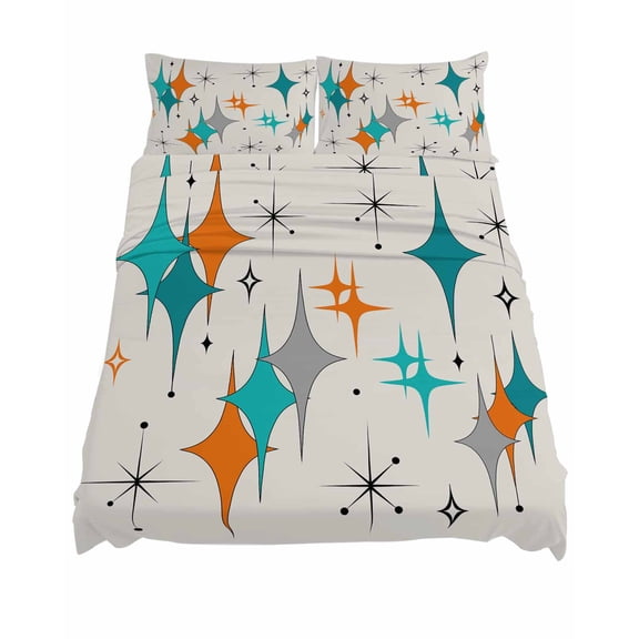 King Size Mid Century Sheet Sets Boho Modern Geometric Teal Orange Star Soft Breathable Microfiber Bed Sheets Deep Pockets 4 Piece Bed Sheets Set, 1 Fitted Sheet, 1 Flat Sheet & 2 Pillowcases
