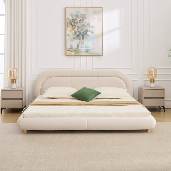 King Size Modern Curved Upholstered Low Profile Platform Bed with Rounded Headboard, Velvet, Beige