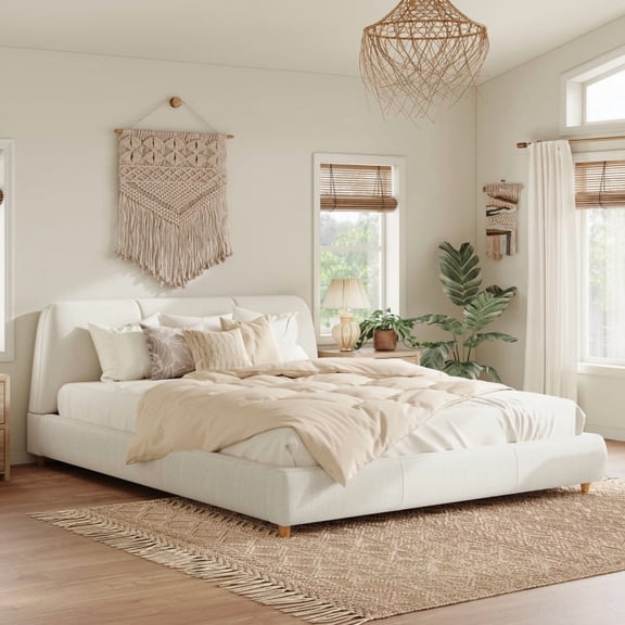 [Luckynote]King Size Modern Upholstered Bed Frame with Linen Fabric and Solid Wood Legs, White