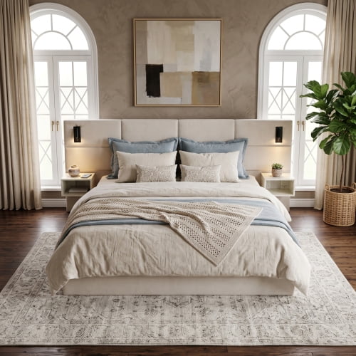King Size Modern Upholstered Smart Bed with Reading Lights and Built-in Shelves, Sturdy Support, No Box Spring Needed, White