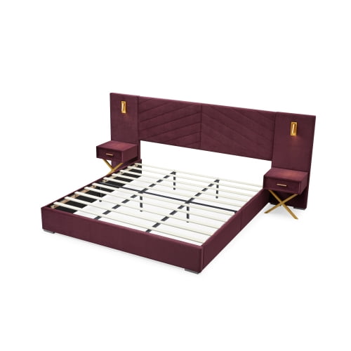 King Size Modern Velvet Upholstered Platform Bed with Wingback Headboard and Vertical Channel Tufting, No Box Spring Needed for Master Bedroom, Red