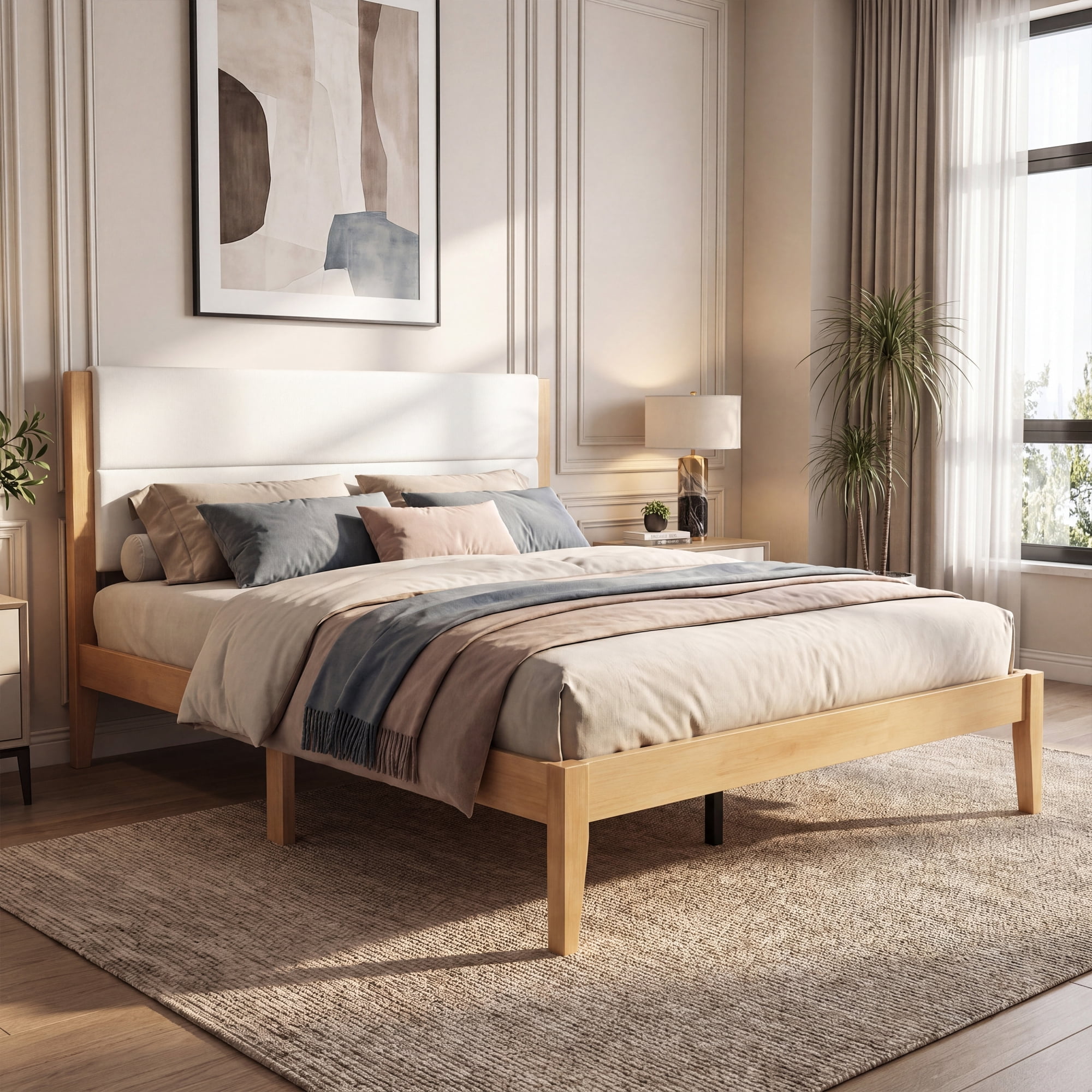 King Size Modern Wood Platform Bed Frame with Upholstered Headboard, No Box Spring Needed