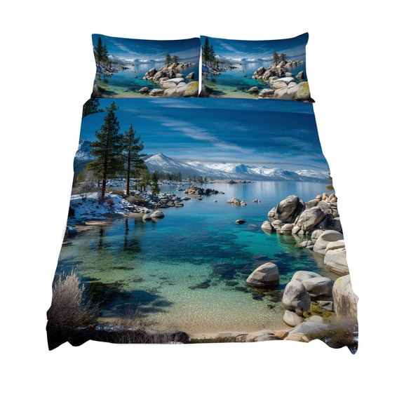 King Size Nature Landscape Sheet Sets Lake Stone Forest Sky Snow Mountain Soft Breathable Microfiber Bed Sheets Deep Pockets 4 Piece Bed Sheets Set, 1 Fitted Sheet, 1 Flat Sheet & 2 Pillowcases