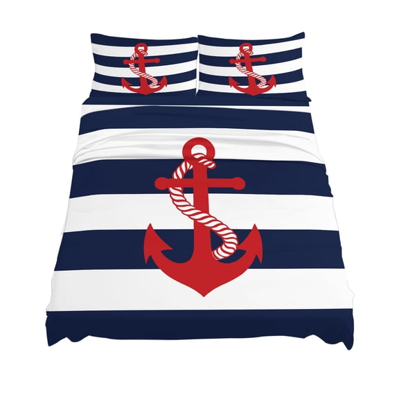 King Size Nautical Anchor Sheet Sets Coastal Navy Blue Stripe Soft Breathable Microfiber Bed Sheets Deep Pockets 4 Piece Bed Sheets Set, 1 Fitted Sheet, 1 Flat Sheet & 2 Pillowcases