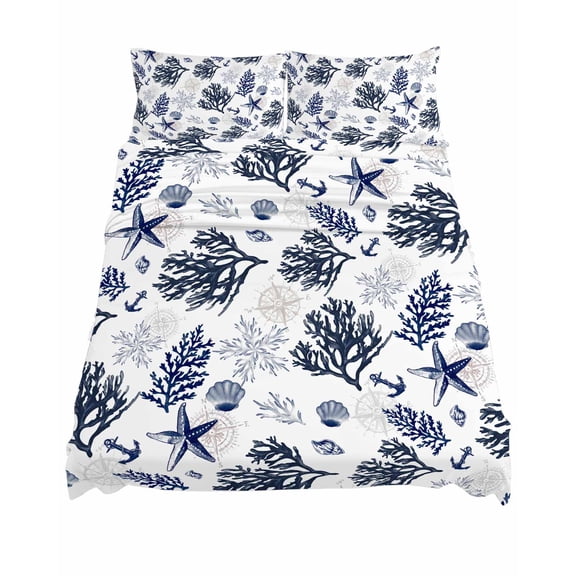 King Size Nautical Coastal Sheet Sets Ocean Retro Coral Starfish Black White Soft Breathable Microfiber Bed Sheets Deep Pockets 4 Piece Bed Sheets Set, 1 Fitted Sheet, 1 Flat Sheet & 2 Pillowcases