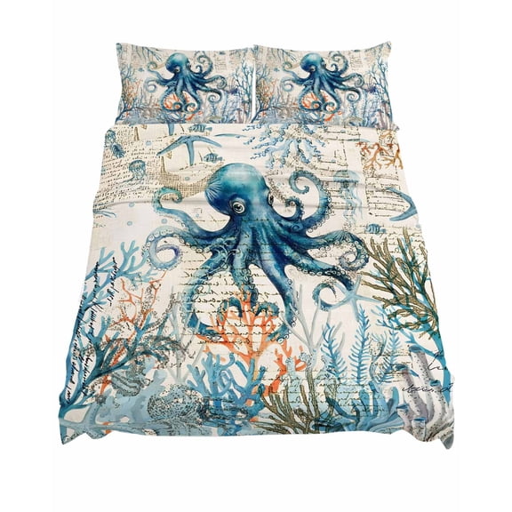 King Size Nautical Teal Sheet Sets Octopus Ocean Coral Starfish Coastal Map Soft Breathable Microfiber Bed Sheets Deep Pockets 4 Piece Bed Sheets Set, 1 Fitted Sheet, 1 Flat Sheet & 2 Pillowcases