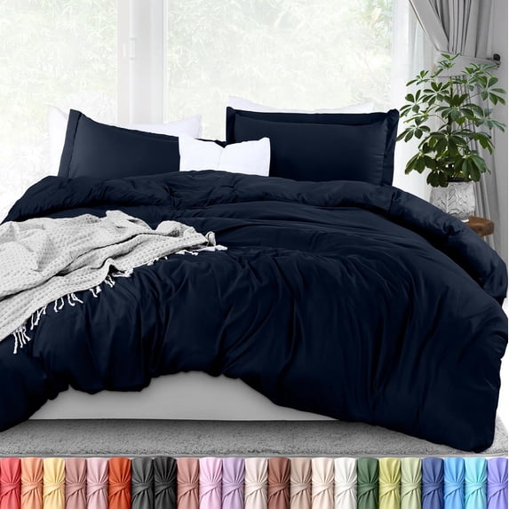 King Size Navy Duvet Cover Set - 3 Piece Brushed Microfiber Comforter ...