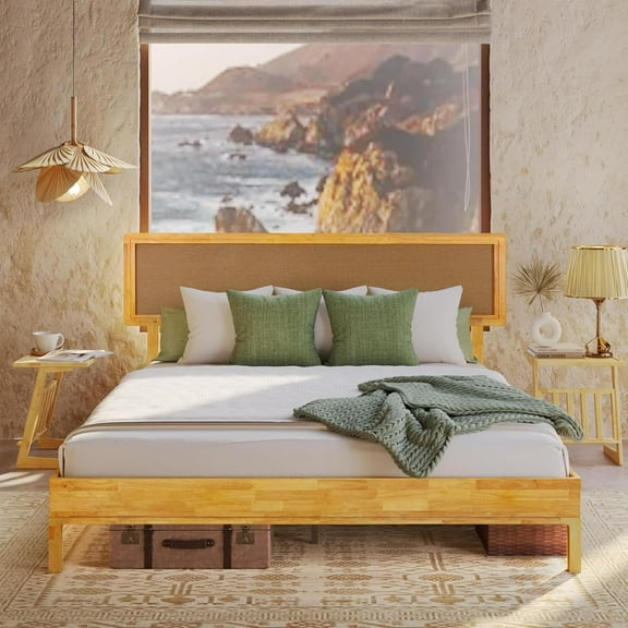 King Size | Nipe 79x82x14in Deluxe Bed Frame with Adjustable Headboard, Bohemian Unique Style, Pine Wood, Natural