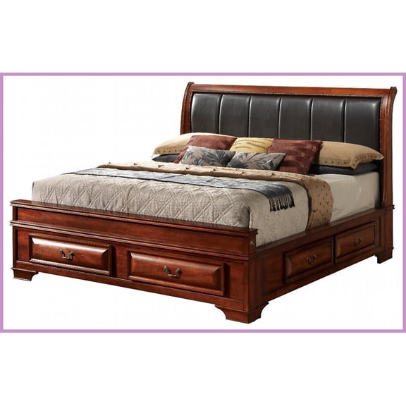 King Size Oak Storage Bed with Real Wood Veneers  No Box Spring Required, Channel Quilted Faux Leather Sleigh Design for Master Bedroom